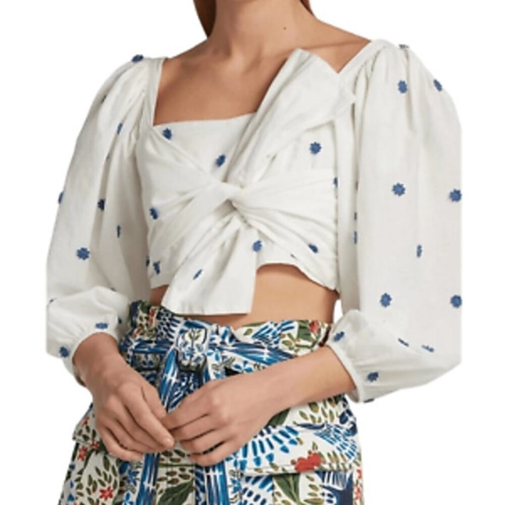 Farm Rio Blue Flowers Crop Top Off White Women's Size X-Small New With Tags